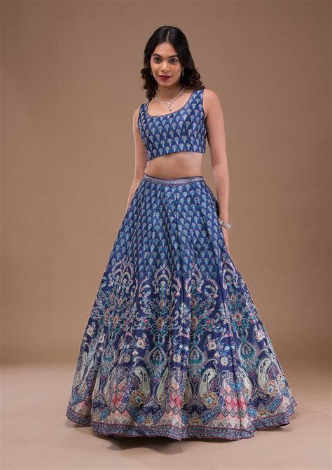 Buy Navy Blue Swaroski Banarasi Readymade Lehenga - Koskii