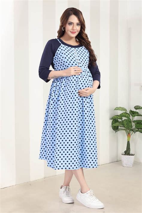 Denim Blue Polka Dot Feeding Dress | MomsBae Maternity