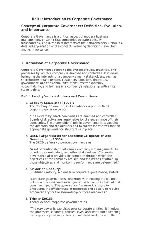 Corporate Governance Notes Unit 1 and Unit 2 - Unit I: Introduction to ...