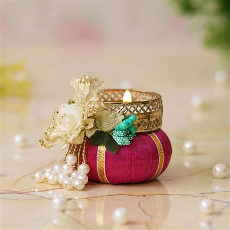 eCraftIndia Pink and Golden Pot Shaped Floral Decorative Tea Light Can