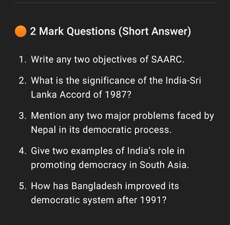 Questions on South Asian Regional Cooperation and Democracy Write any tw..
