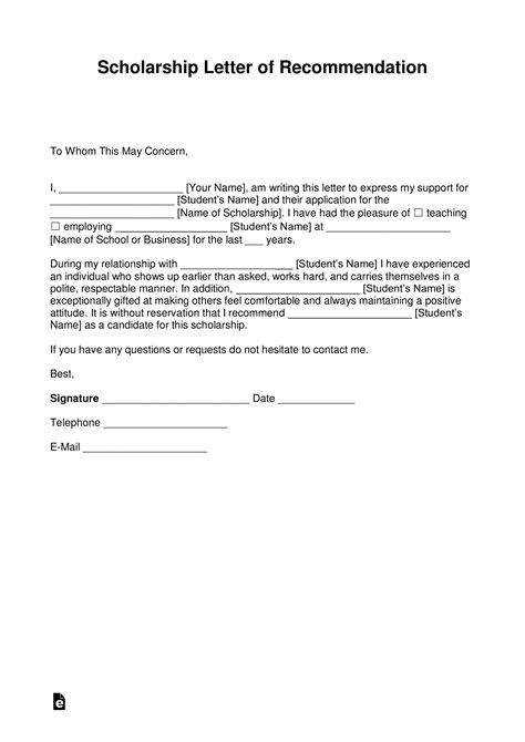 Free Recommendation Letter for Scholarship Template - with Samples ...