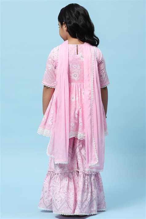 Pink Cotton Floral Printed Gathered Peplum Suit Set at Biba India