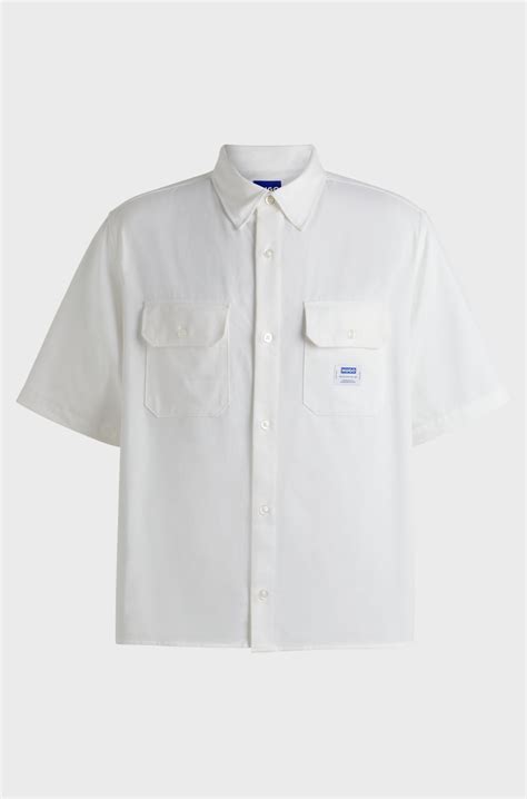 HUGO - Loose-fit shirt in cotton twill with logo patch - White