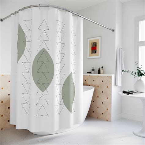 Minimalist Botanical Shower Curtain – Olive Green Leaves & Triangle Te ...