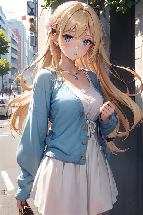 Anime girl with long blonde hair and blue eyes posing for a picture ...