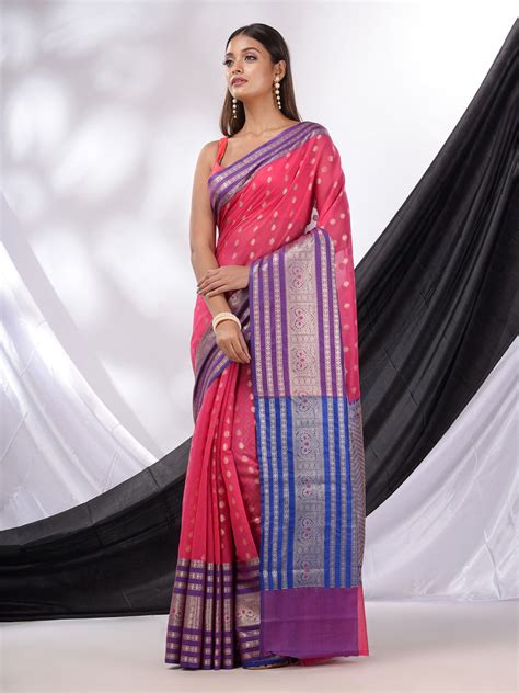 Hot Pink Cotton Blend Handwoven Saree With Texture Designs – Charukriti