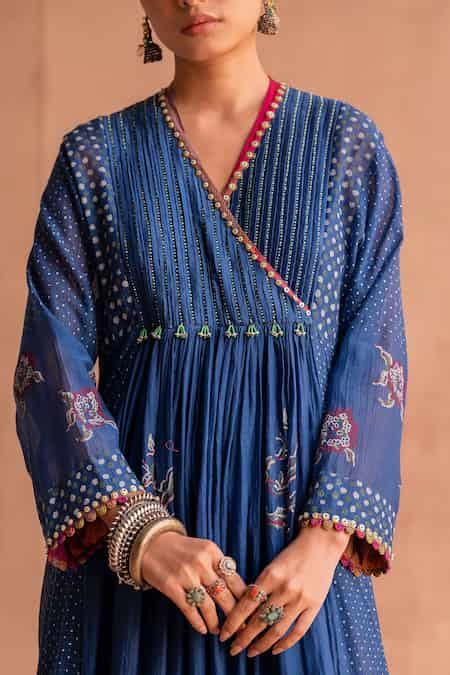 Buy Blue Chanderi Beads, Embroidery V-neck Pleated Polka Dot Anarkali ...