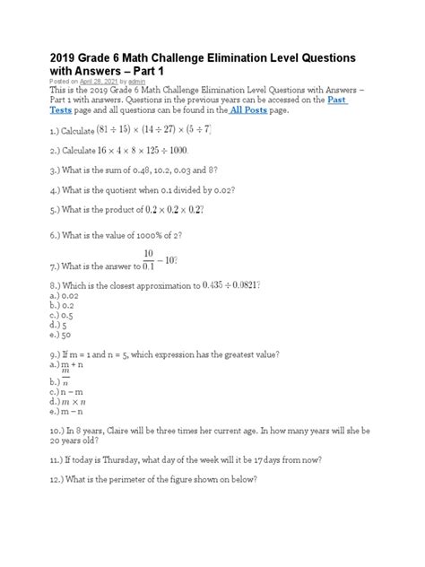 2019 Grade 6 Math Challenge Elimination Level Questions With Answers | PDF