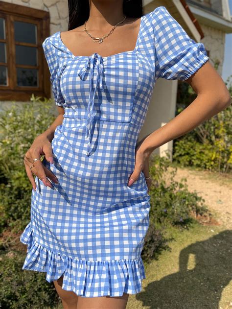 Scoop Neck Gingham Print Ruffle Hem Dress | Gingham fashion, Checkered ...