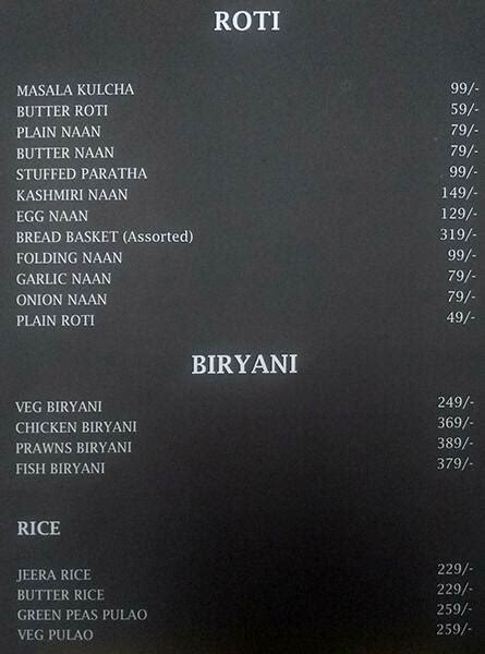 Menu at The Park Vue, Hyderabad