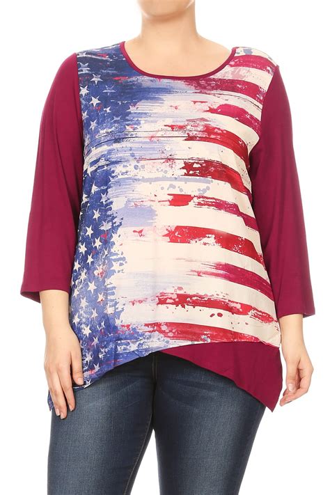 Women Plus Size Abstract Design American Flag Blouse Tunic Top Burgundy ...