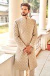 Buy Beige Silk, Chikankari Zardozi Sherwani Set For Men by Jayanti ...