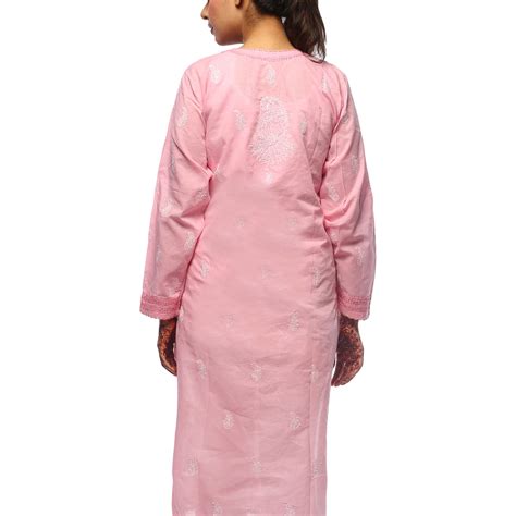 Seva Chikan Hand Embroidered Pink Cotton Lucknowi Chikan Kurti-SCL0606