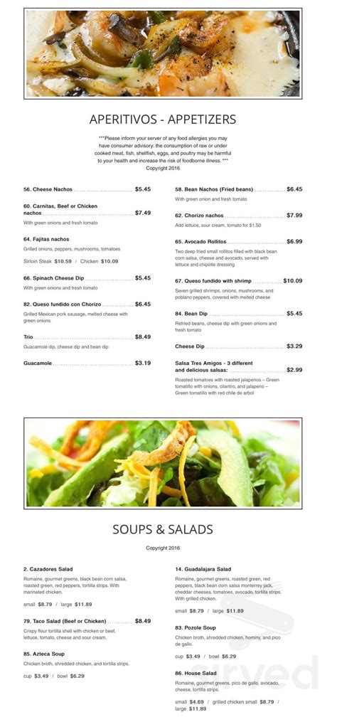 Cazadores Mexican Restaurant menu in Milford, Ohio, USA