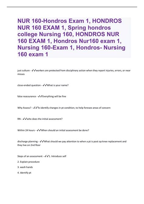 NUR 160-Hondros Exam 1, HONDROS NUR 160 EXAM 1, Spring hondros college ...