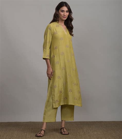 Greenish-Yellow embroidered silk kurta & Pants set – Tulsi Online