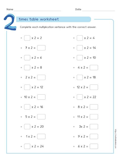 Image result for 2 Times Table Practice Sheets