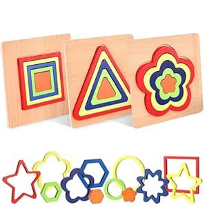 Belanto 3pcs Toddler Puzzles Wooden Toys Games Montessori Rainbow Shape ...