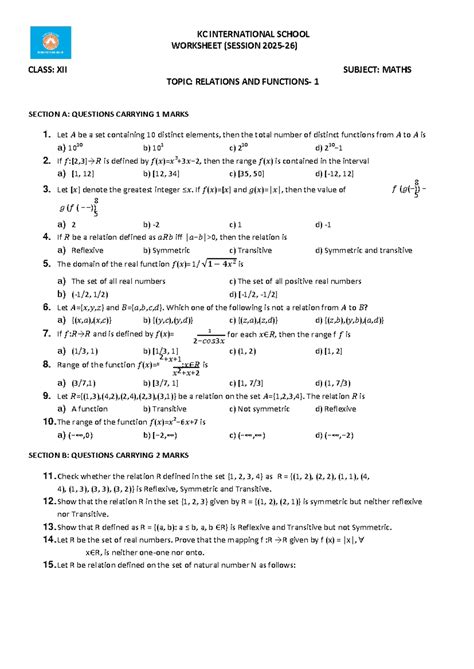 KC XII Maths Worksheet: Relations and Functions - 1 - Studocu