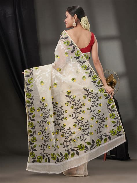 Off White Cotton Dhakai Jamdani Handwoven Saree With Foliage Designs ...