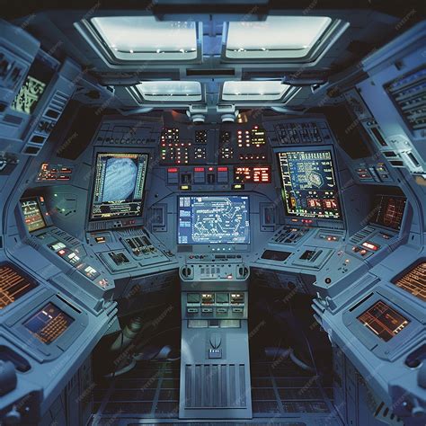 The interior of a large spaceship cockpit with advanced controls ...