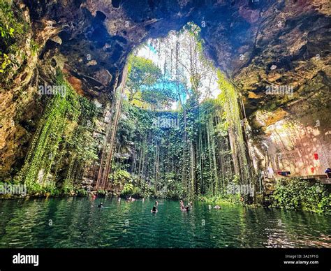 Cenote Ik Kil , a popular natural limestone cavern with a deep natural ...