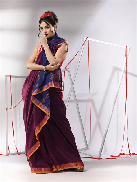 Plum Purple Cotton Saree With Stripes Zari Pallu – Charukriti