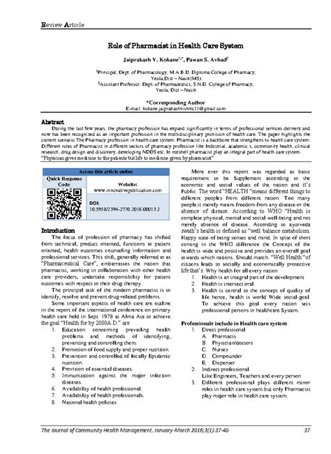 JCHM 3(1) 37-40 - Lecture notes. - Review Article Role of Pharmacist in ...