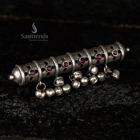 Silver Oxidised Adjustable Ring with Ghungroo and Stones - Sasitrends
