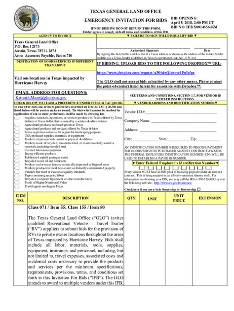 Fillable Online Texas General Land Office Emergency Invitation for Bids ...