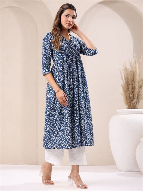 Blue Pure Cotton Floral Printed A-line Kurta