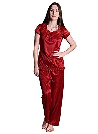 Buy Senslife Women's Satin Pyjama Set_bc008_Red_M at Amazon.in