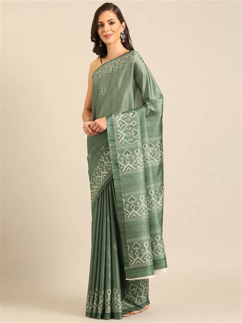 Buy Green Cotton Blend Saree With Blouse Piece online-Karagiri