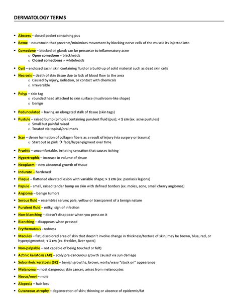 Derm Terms - outline - DERMATOLOGY TERMS Abscess – closed pocket ...