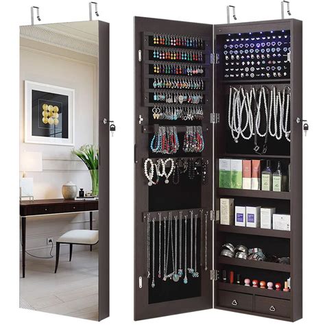 GISSAR Full Length Mirror Jewelry Cabinet, 6 LEDs Jewelry Armoire Wall ...