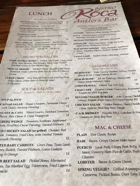 Menu at Bistro Roca pub & bar, Blowing Rock, 143 Wonderland Trail