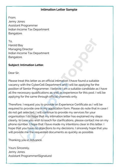Image result for Intimation Letter Format