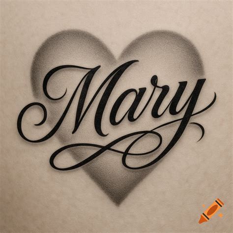 Black calligraphic name 'Mary' over a shaded heart in a tattoo style ...