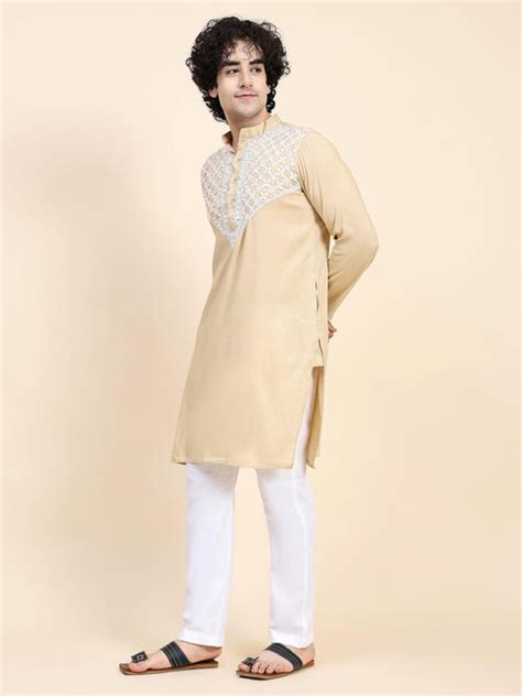 HOK Men's Chikankari Kurta in Cotton Silk Blend - Beige - House Of Kari ...