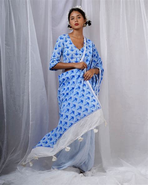 Maya Blue Hand Block Printed Saree - BAD | Elegant Ethnic Wear Online