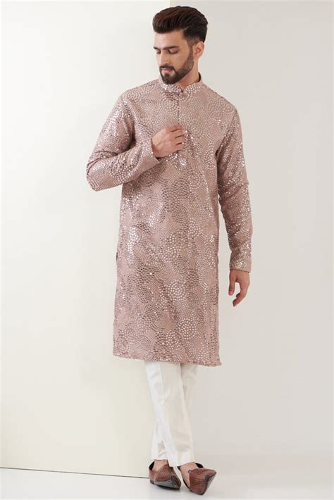 Mud pink sequenced kurta with detailed thread work