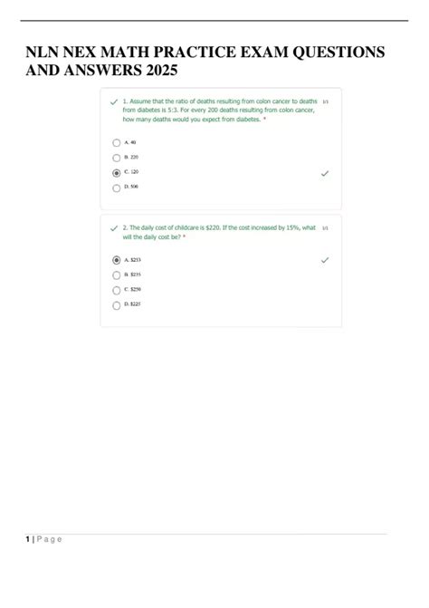 NLN NEX MATH PRACTICE EXAM QUESTIONS AND ANSWERS 2025 - NLN NEX MATH ...