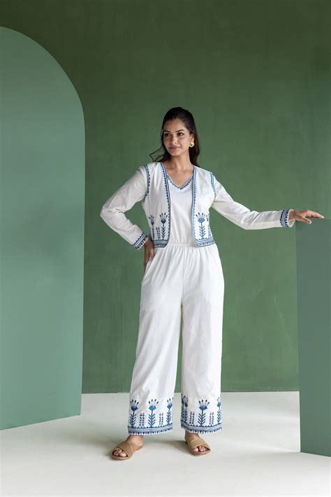 White Embroidered Jump suit with Crop Jacket