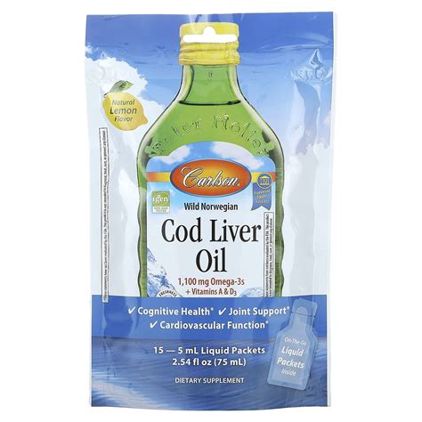 Carlson, Wild Norwegian Cod Liver Oil, Natural Lemon, 15 Liquid Packets ...