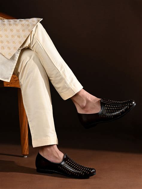 Jet Black Ethnic Slip-On Multi-Strip Nagra Juti and Mojari