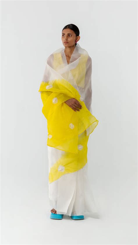 SEGMENT ORGANZA SAREE - WHITE/YELLOW – Studio Medium