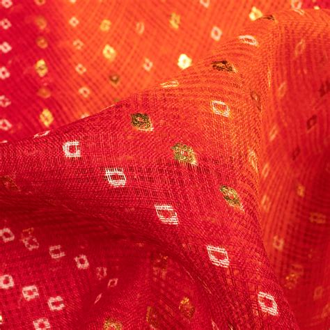 Tangerine Orange And Red Bandhani Pattern Foil Print Kota Doria Fabric ...