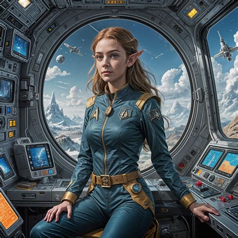 Female child elf wearing a Star Trek uniform on a ship