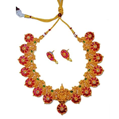 Buy Brass Traditional Lakshmi Gold-Plated Temple Necklace Set Stone ...